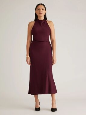 Quince Washable Stretch Silk High Neck Midi Dress Wine Tasting Red M